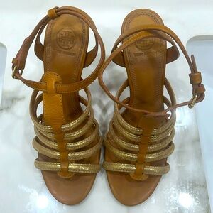Tory Burch Size 8 gold/tan heels. Only worn one time, great condition.